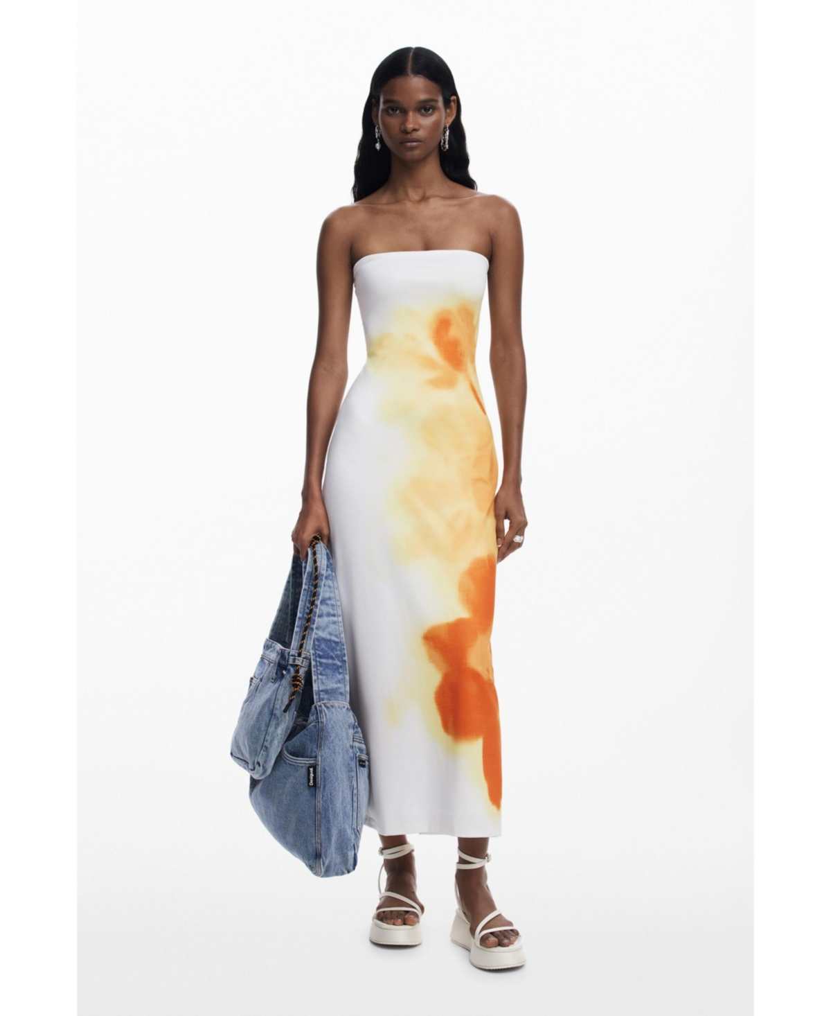Women's Floral bandeau dress - Light beige