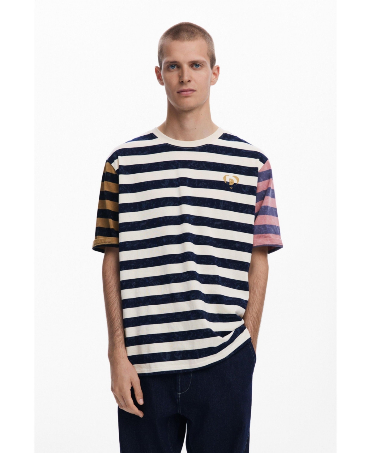 Men's Striped T-shirt with logo - Light beige