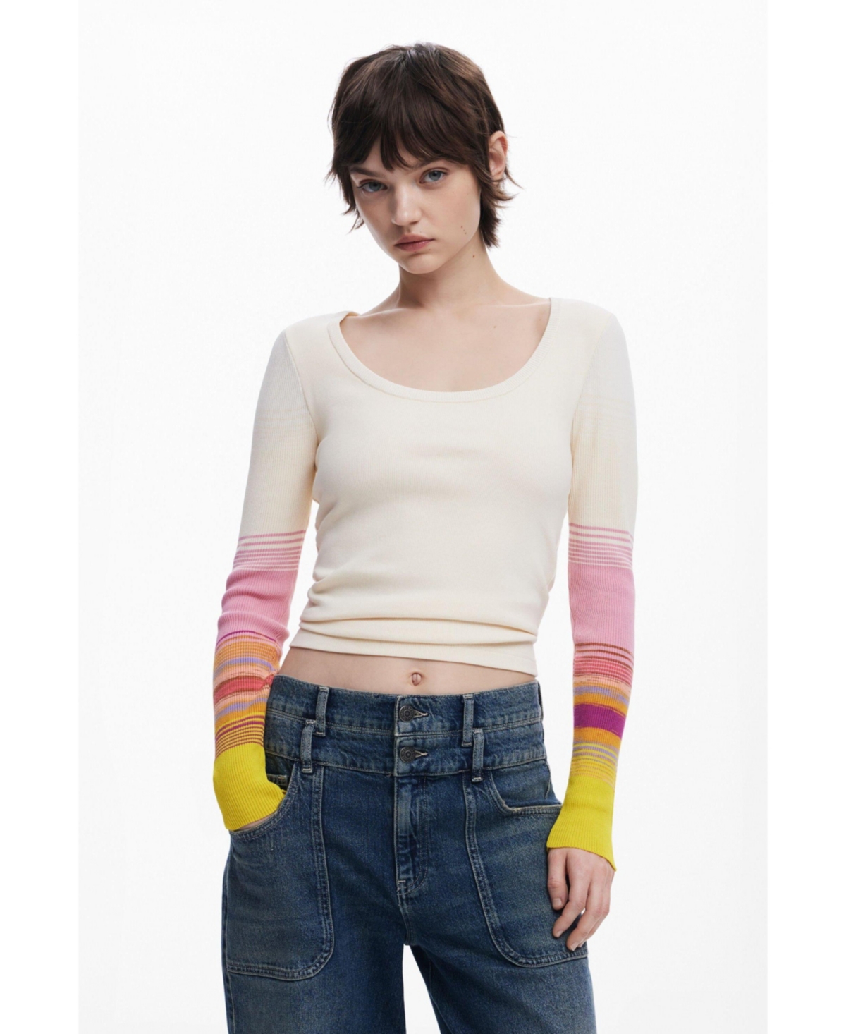 Women's T-shirt with printed sleeves - White