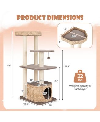 52'' Cattail Cat Tower w/ Sisal Scratching Posts Perch Dangling Ball Cat Tree