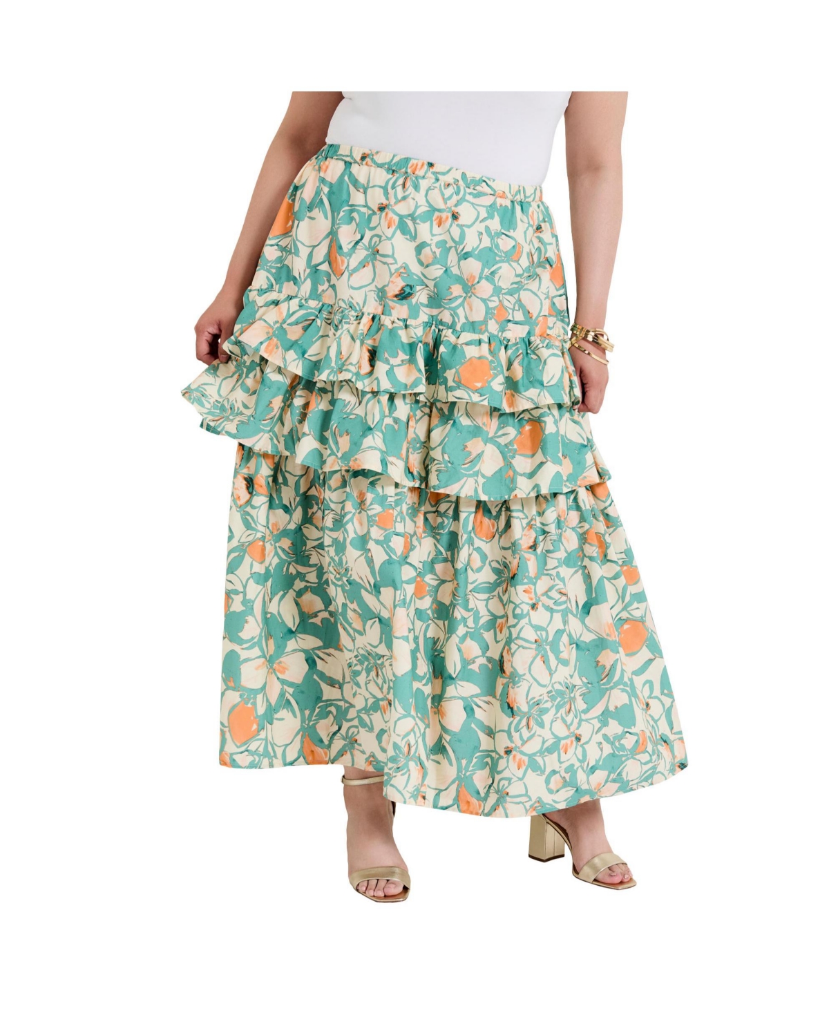 Plus Size June + Vie Poplin Tiered Midi Skirt - Spring garden