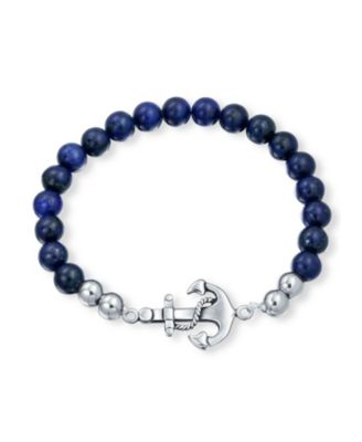 Stackable Navy Lapis Lazuli Stretch Bracelet with Nautical Anchor Design