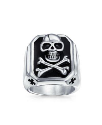 Stainless Steel Black Pirate Skull Crossbones Signet Ring Silver Tone