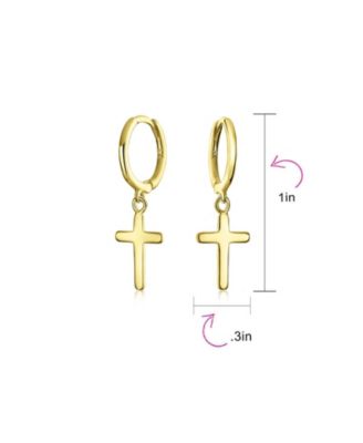 Small Religious Cross Dangle Earrings Rose Gold Plated Sterling Silver Huggie