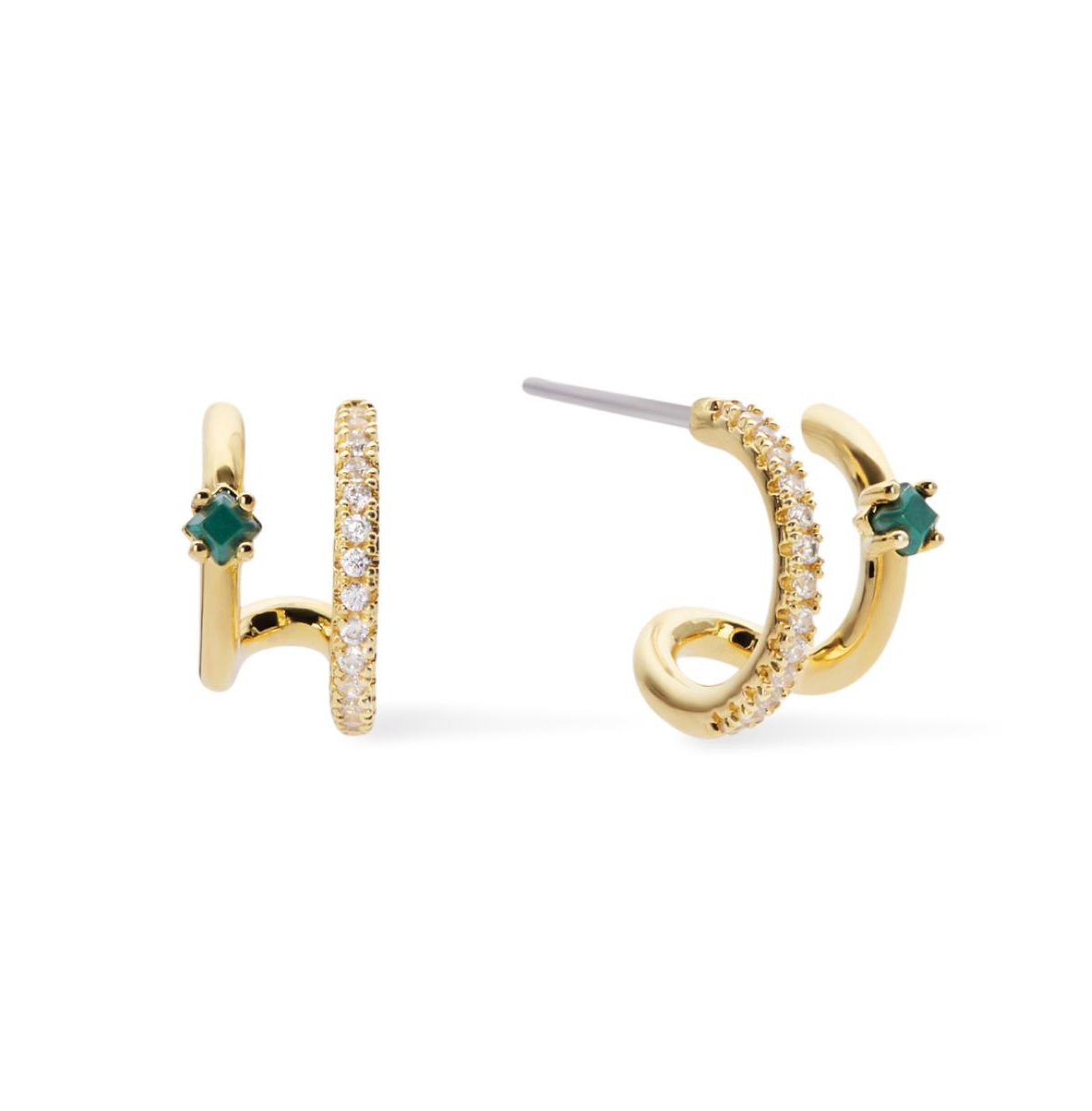 Double Hoop Earrings - Percy - Gold, gold, malachite, pearl
