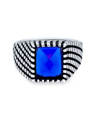 Stainless Steel Blue Sapphire Signet Ring Oxidized Silver Handmade