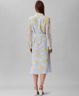 Женское шифоновое платье-рубашка с длинным рукавом и принтом от Calvin Klein из шифона с поясом