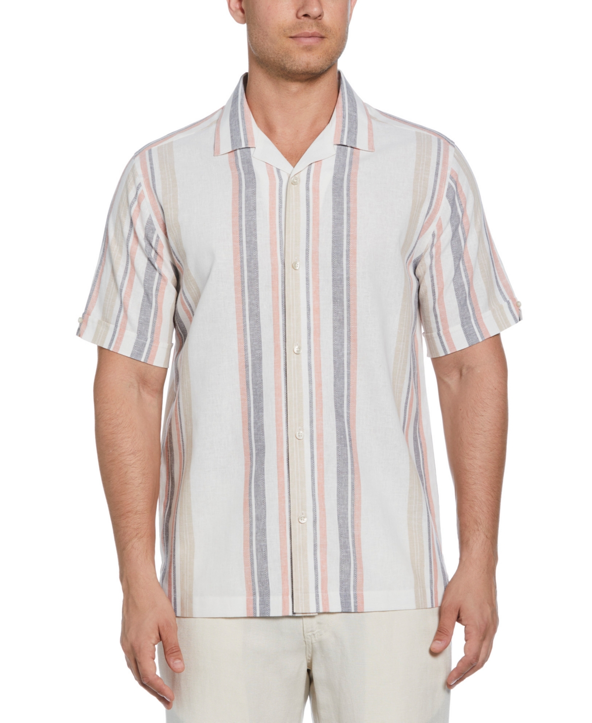 Men's Short Sleeve Striped Panel Button-Front Linen Camp Shirt - Egret