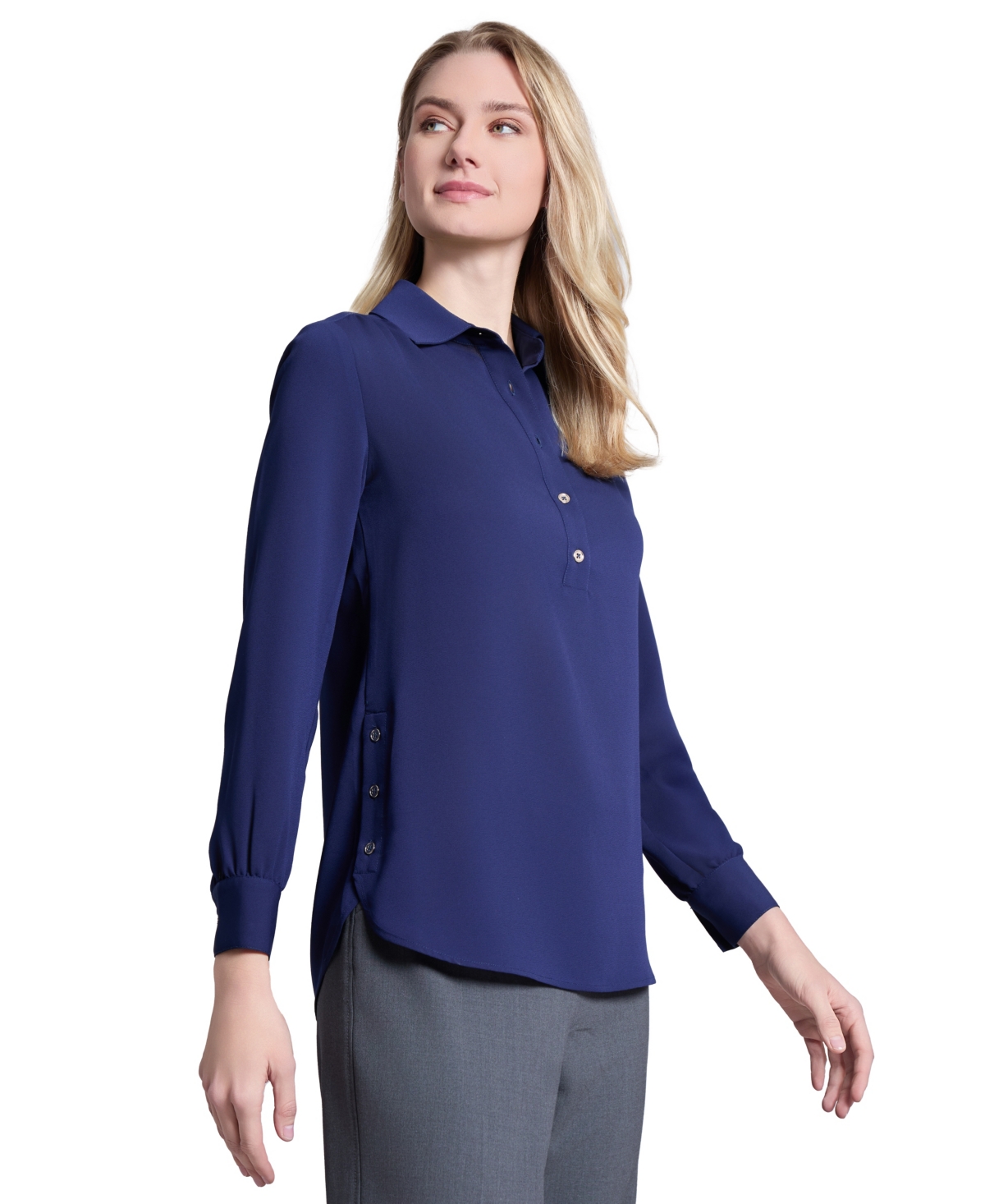 Jones New York Long Sleeve Shirttail Side Button Popover Tunic In Pacific Navy