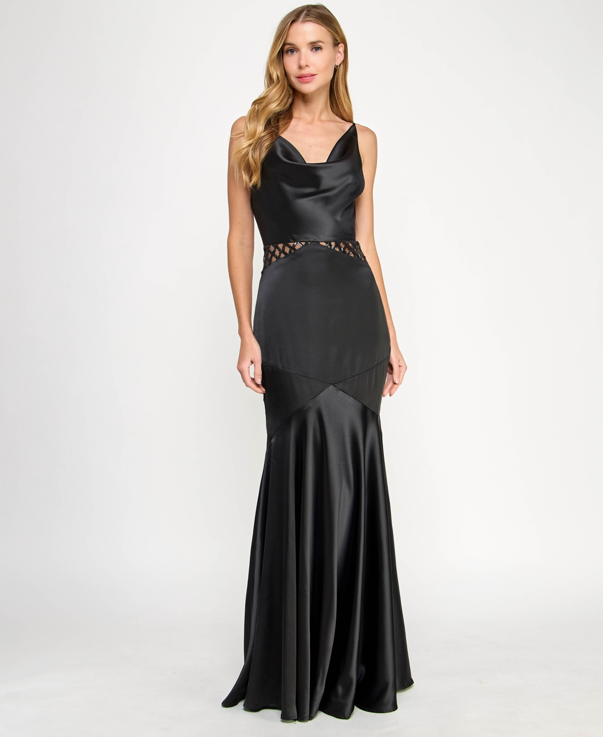 Juniors' Satin Cowlneck Cutout Gown - Black