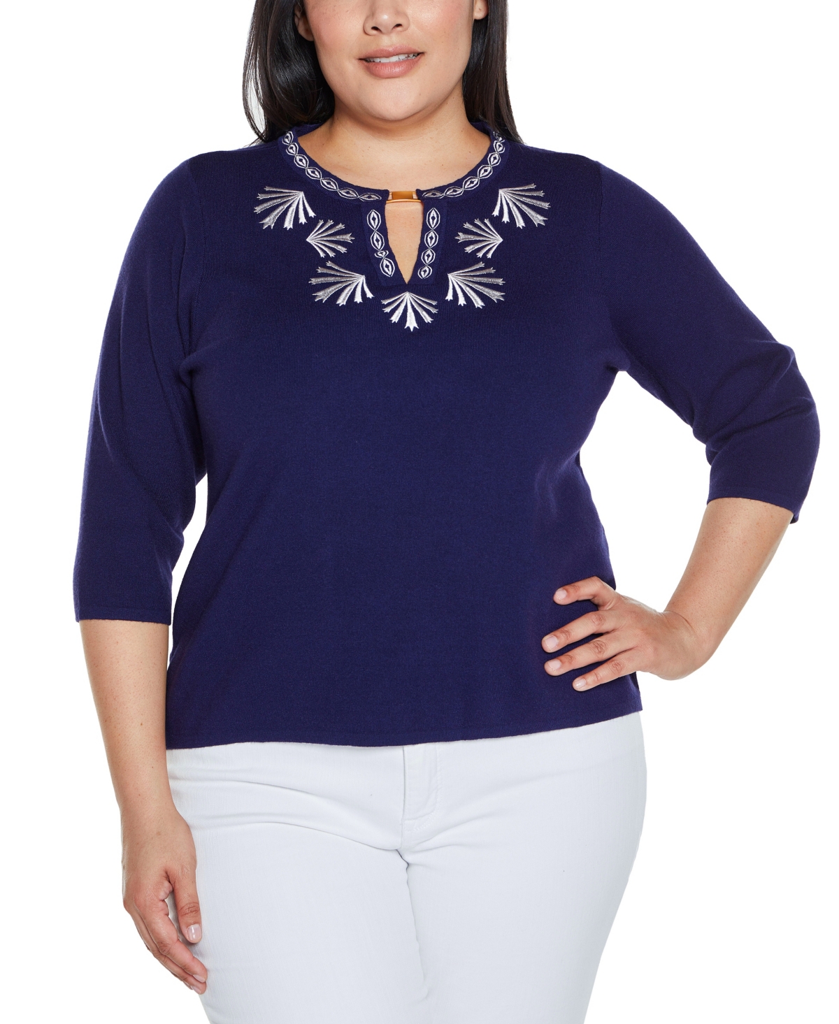 Shop Belldini Plus Size Black Label Embroidered Split-neck Sweater In Twilight Blue