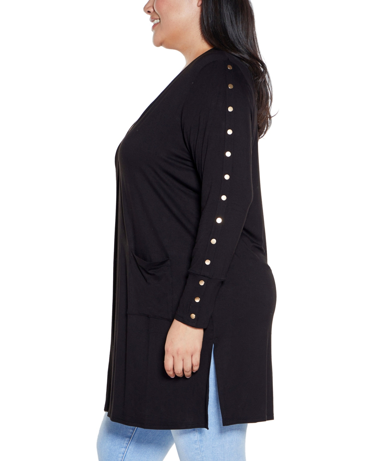 BELLDINI PLUS SIZE BLACK LABEL EMBELLISHED SLEEVE KNIT OPEN CARDIGAN SWEATER 