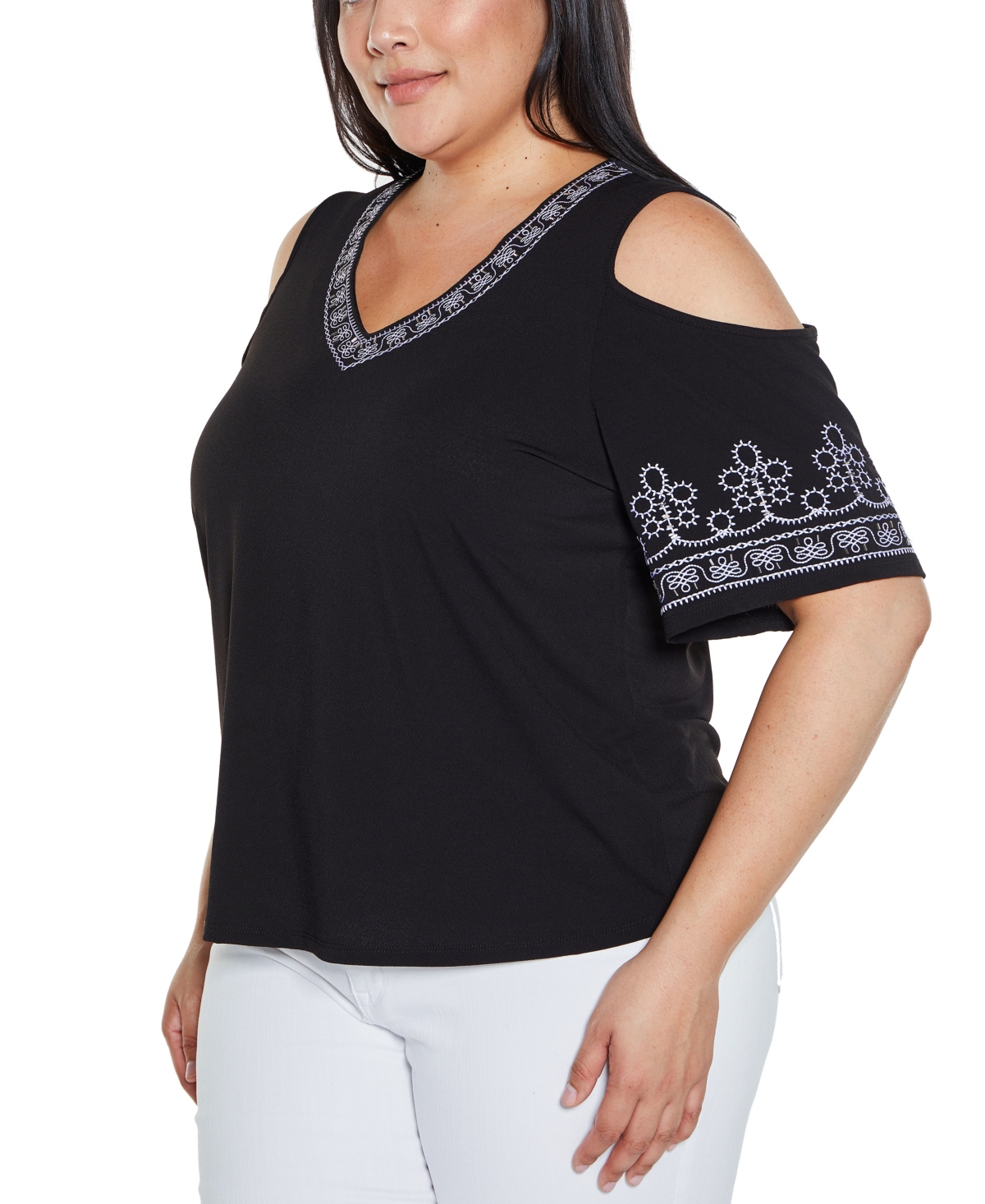 BELLDINI PLUS SIZE BLACK LABEL EMBROIDERED COLD-SHOULDER KNIT TOP 