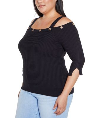 Plus Size Black Label  Rhinestone Grommet Cold-Shoulder Sweater