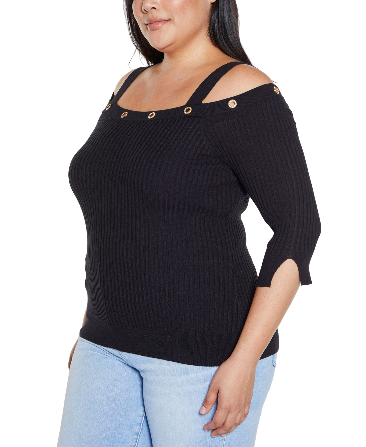 BELLDINI PLUS SIZE BLACK LABEL RHINESTONE GROMMET COLD-SHOULDER SWEATER 