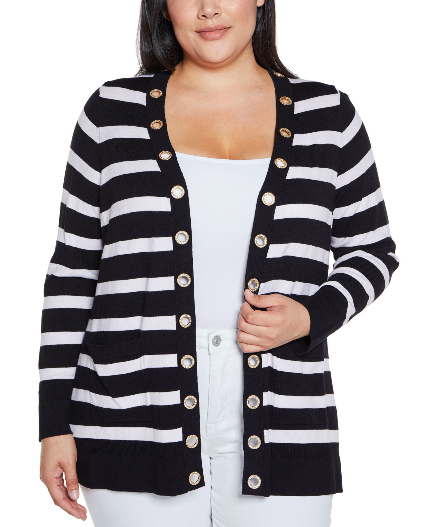 Plus Size Black Label Rhinestone Grommet Striped Open-Front Cardigan Sweater