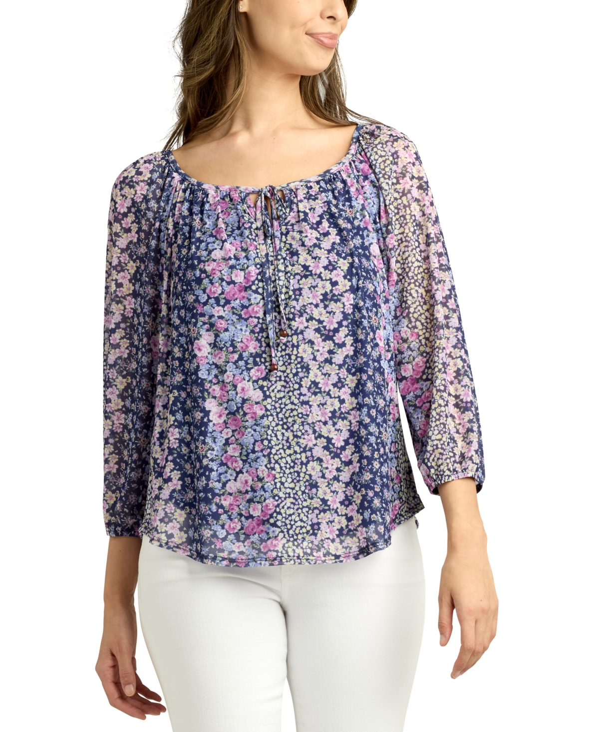 Juniors' Printed Mesh 3/4-Sleeve Peasant Top - Pat W