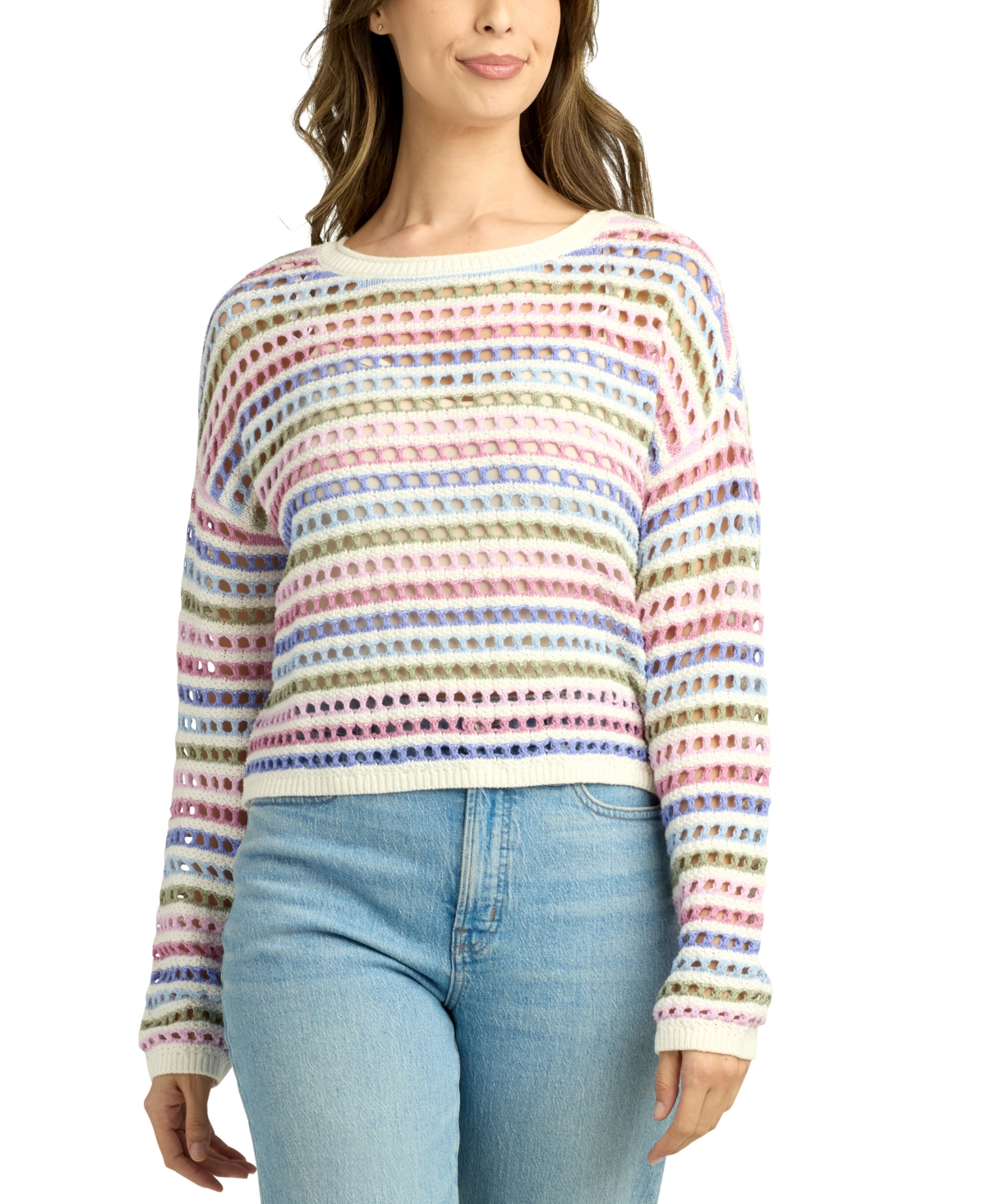 Juniors' Striped Open Knit Sweater - Pat A