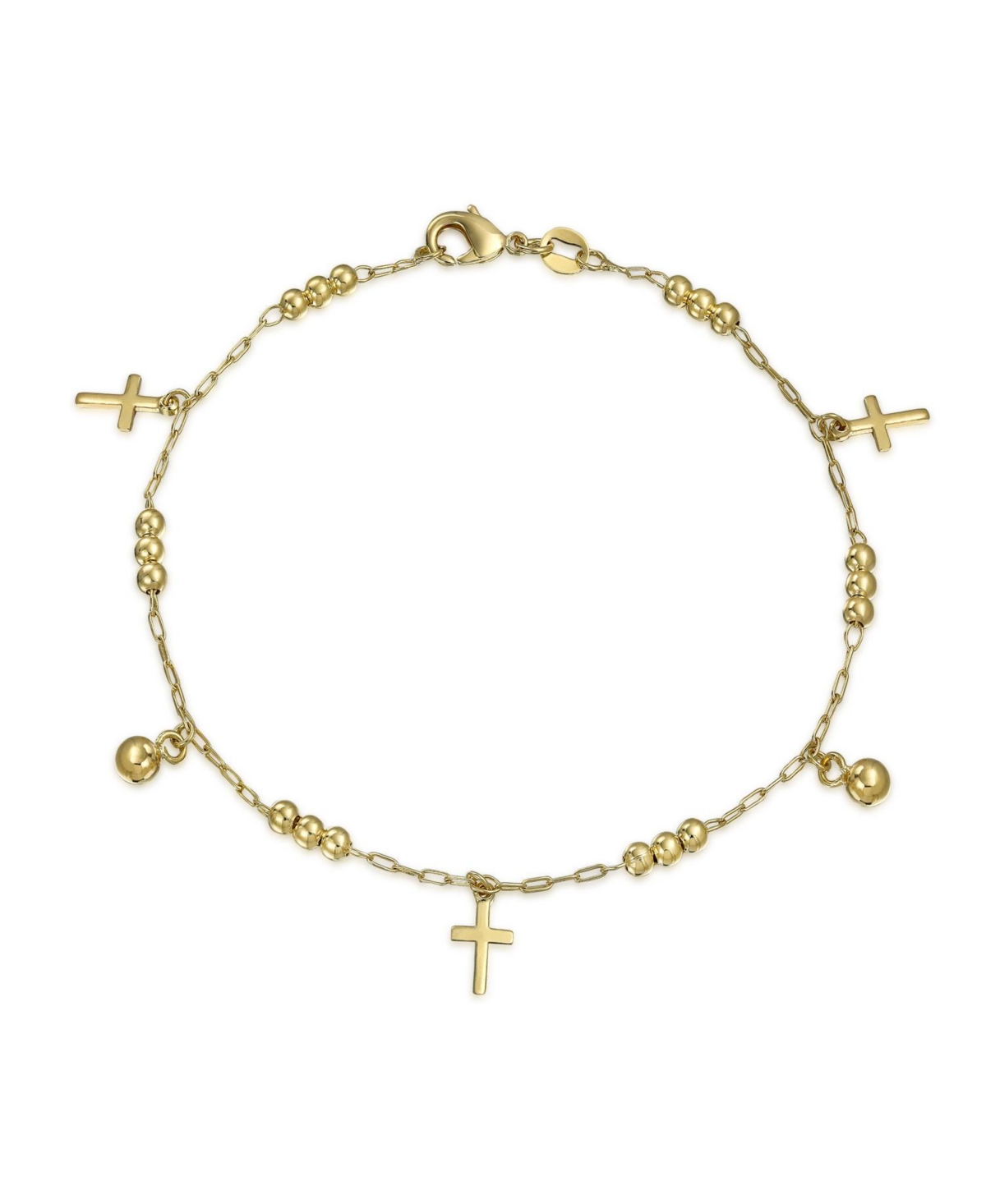 Christian Beads Bells Charm Cross Anklet Ankle Bracelet Gold Plated 10 Inch - Gold-tone