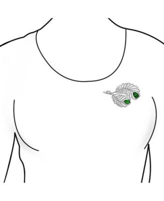 Classic Brooch Pin with CZ Peacock Feather and Green CZ Teardrop Shape