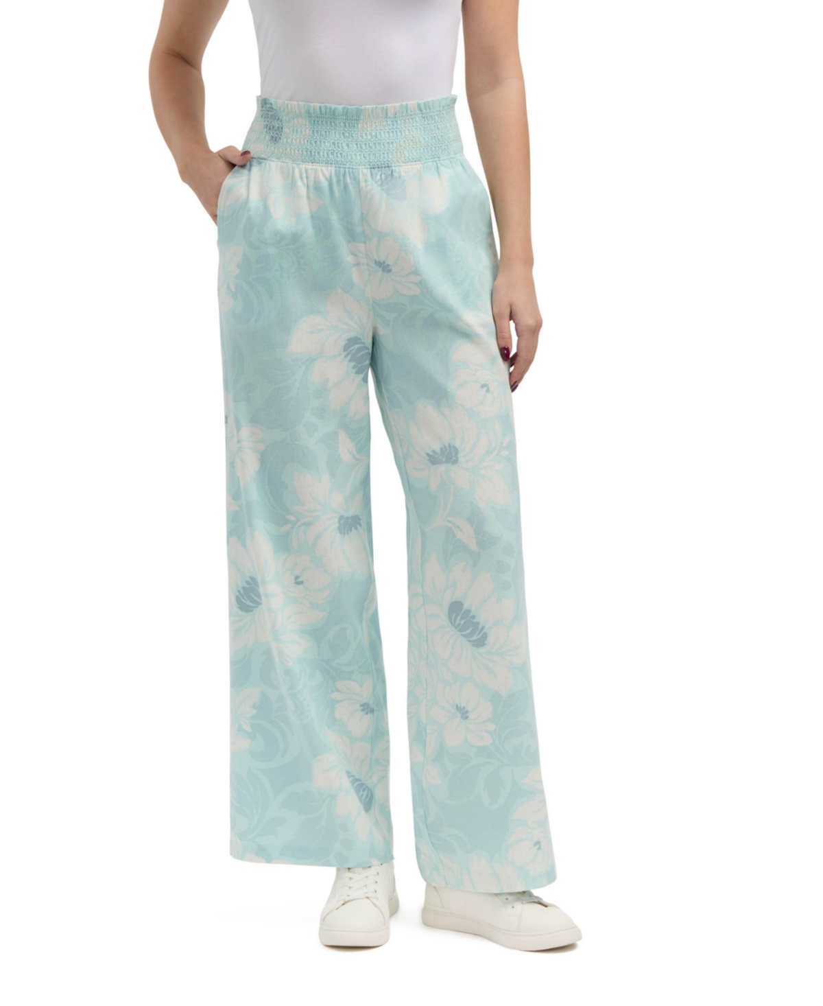 Women s Linen Smocked Wide Leg Pant - Dusty blue aztec floral