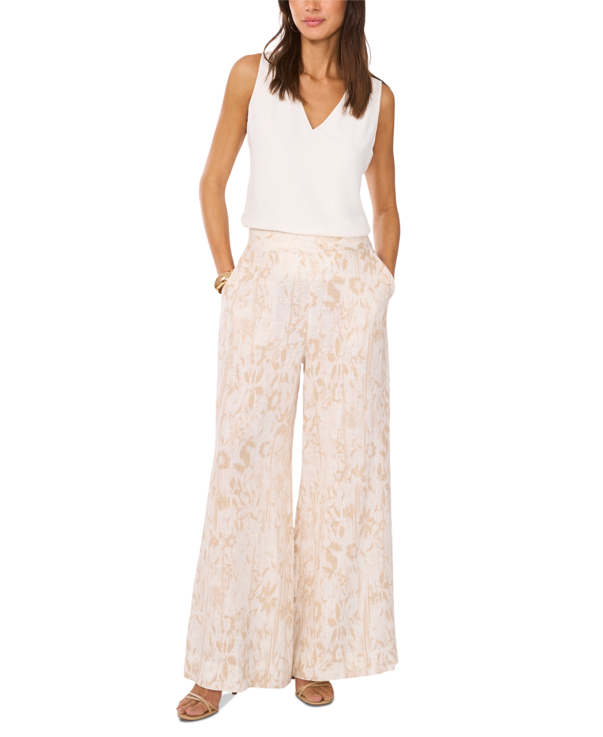 Vince Camuto Women's Printed Mid-rise Wide-leg Pants In Oyster Grey