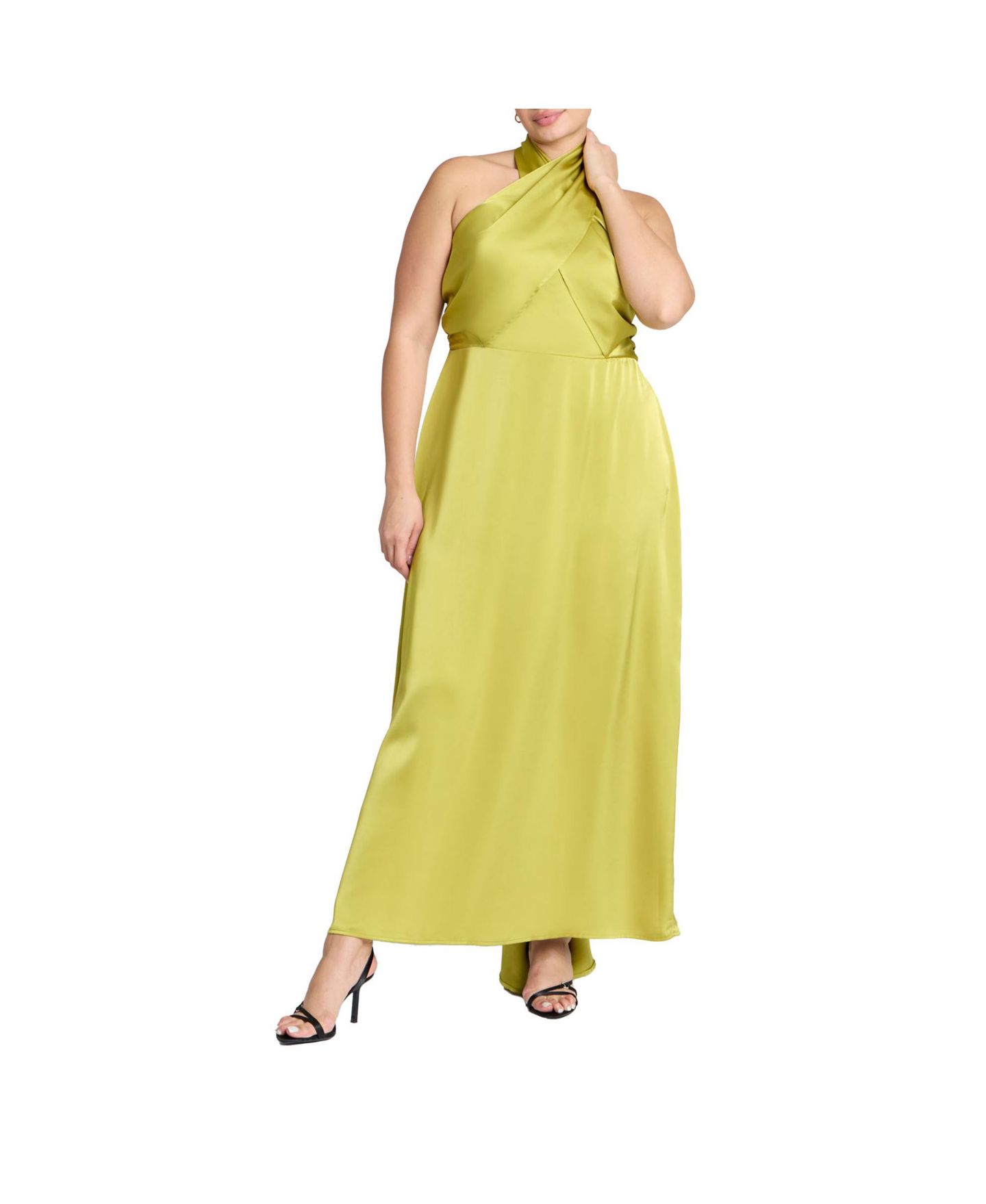 Женское платье ELOQUII Plus Size Halter Neck Satin Maxi, цвет: Тёплый оливковый — фото 1