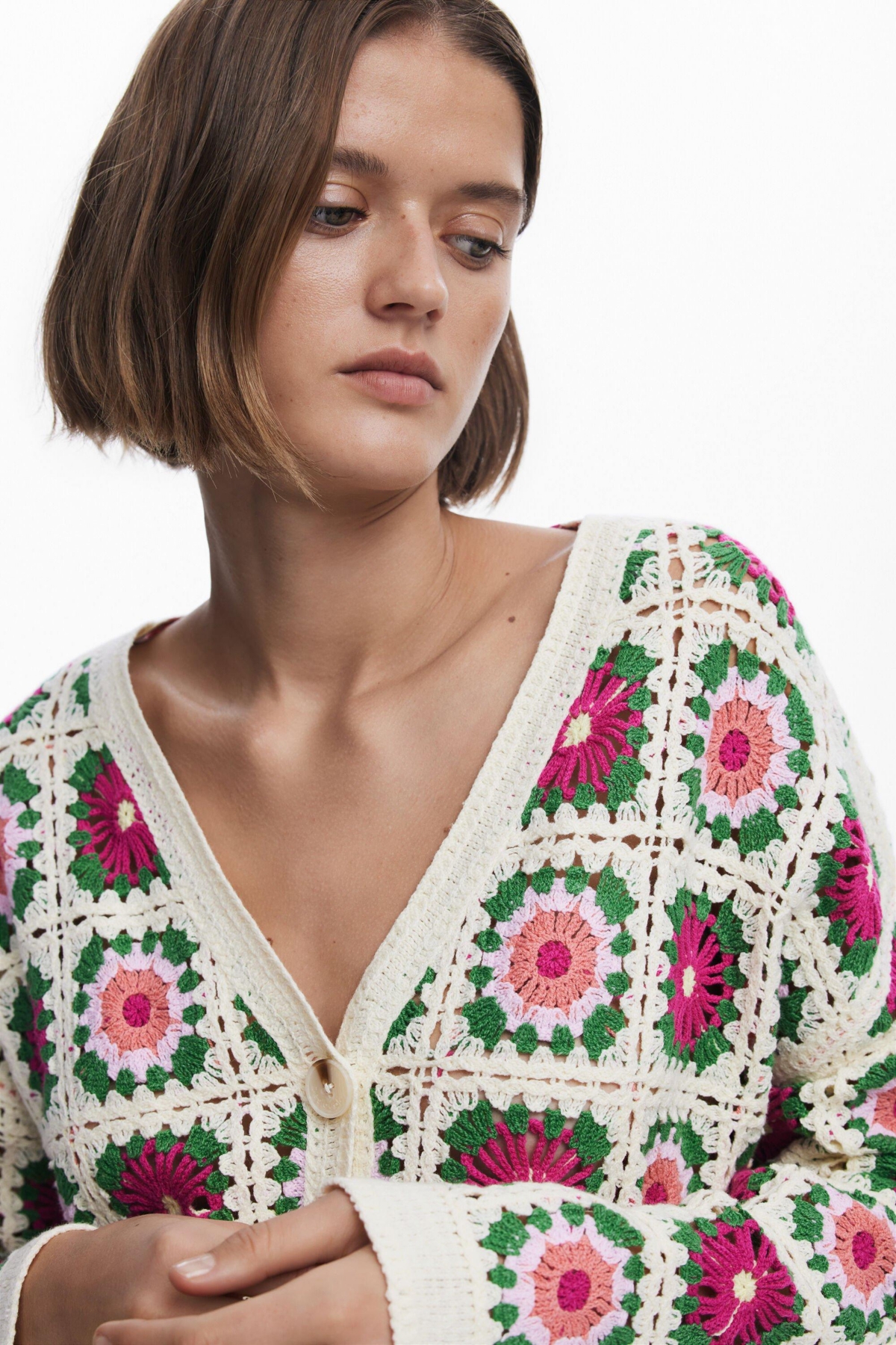 Desigual Cotton Blend Crochet Cardigan In White