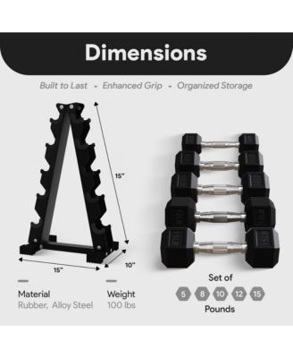 Signature Steel Rubber Encased Hex Textured Dumbbell Workout Set with Rack & 5 Pairs of 5, 8, 10, 12, and 15 Pound Weights, Black