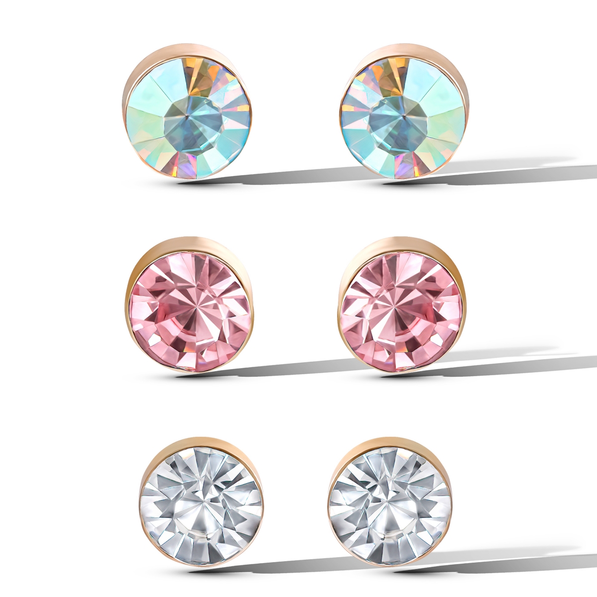 Crystal Stud Earrings Set - Trio of Sparkling Styles - Gold