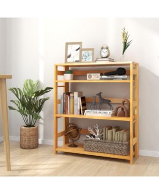 4-Tier Bookshelf Rubber Wood Bookcase with Side Fences for Living Room
