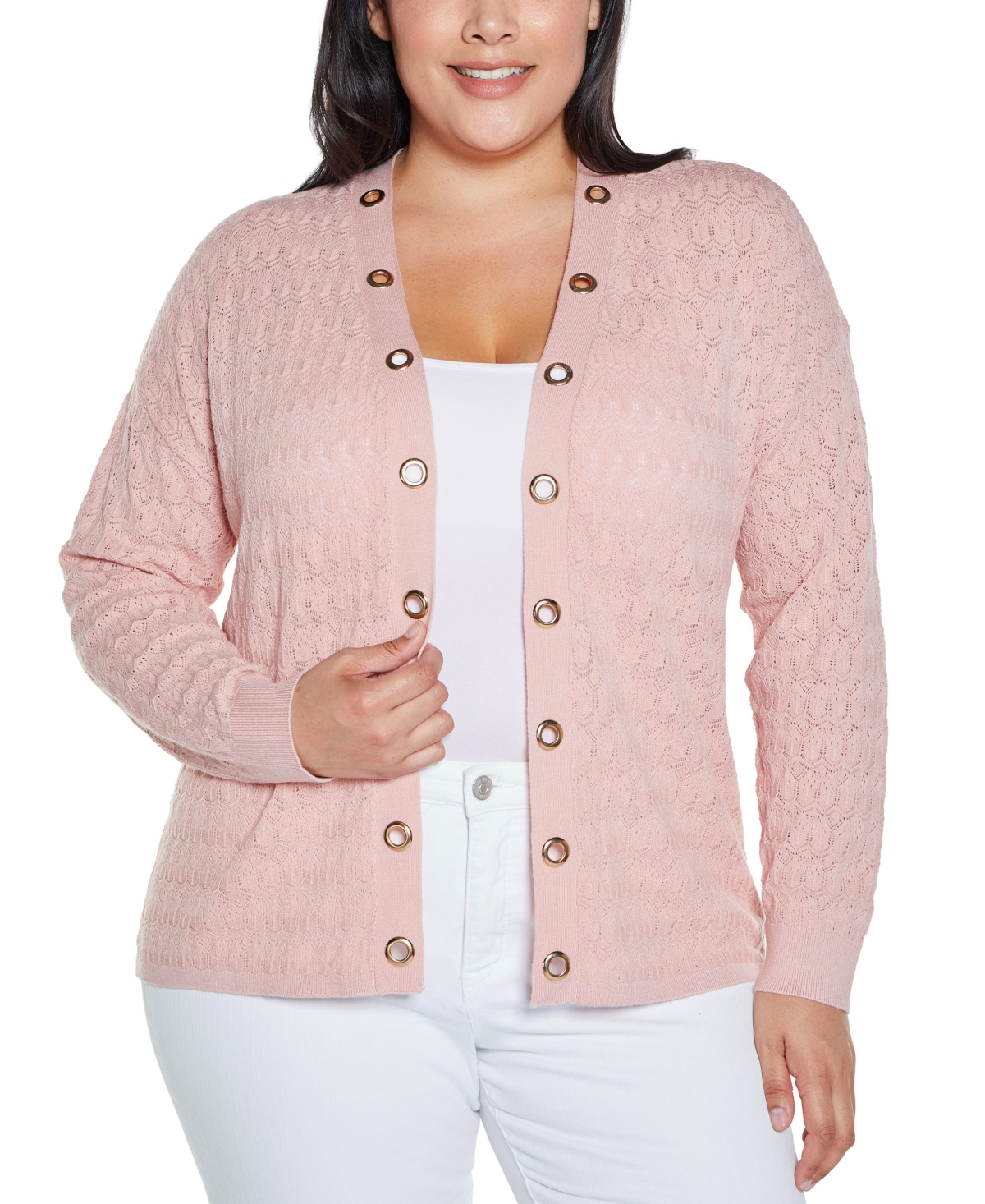 BELLDINI PLUS SIZE BLACK LABEL POINTELLE AND GROMMET OPEN CARDIGAN SWEATER 