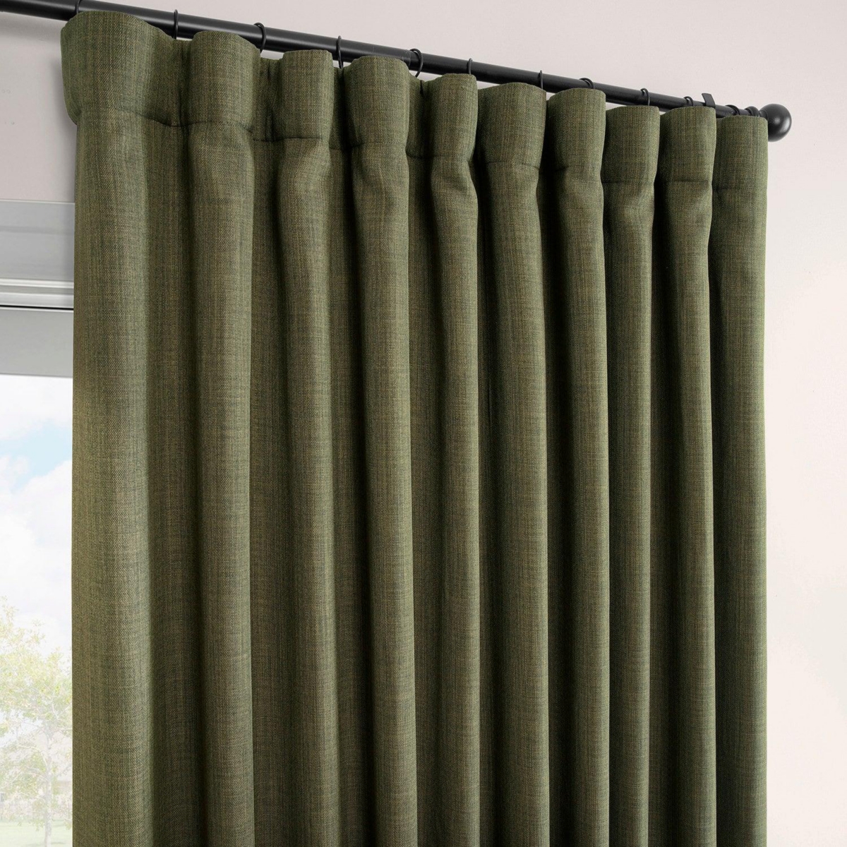 Half Price Drapes Khaki Green Extra Wide Textured Faux Linen Room Darkening Curtain In Green