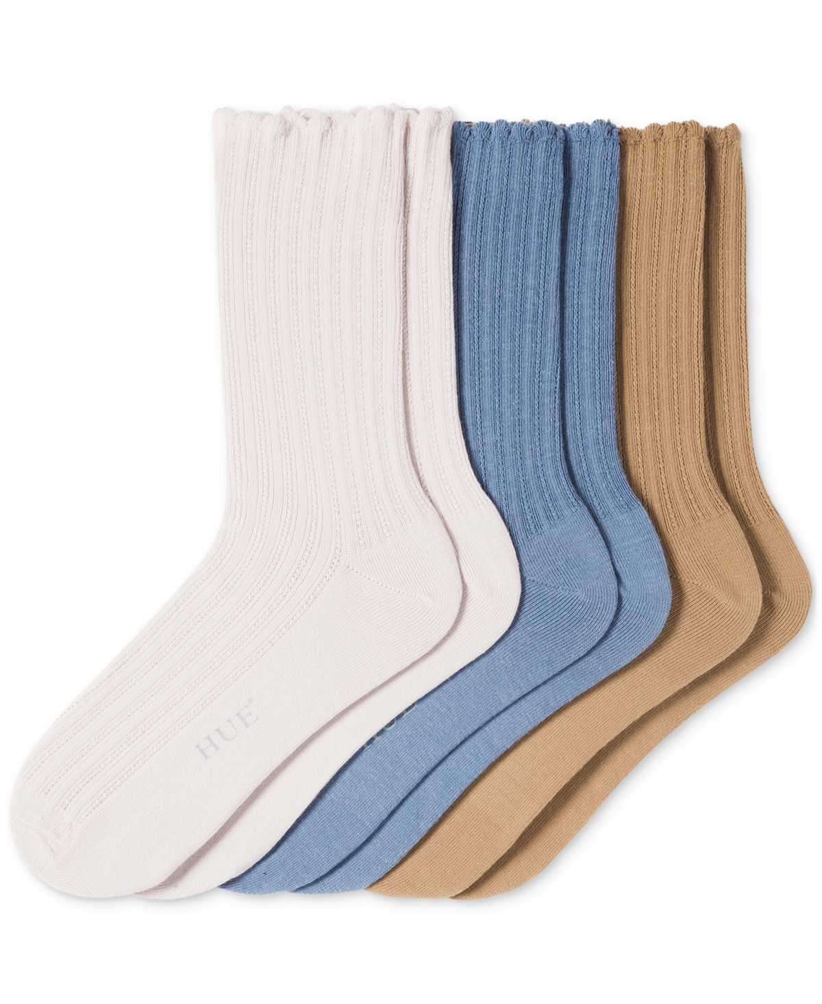 Hue 3-pack Scalloped Pointelle Crew Socks In White,beige,blue