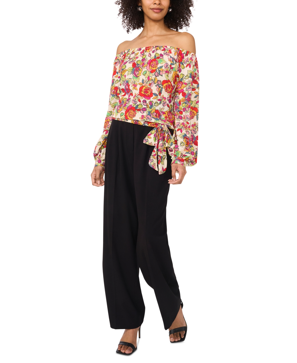 Shop Vince Camuto Women's Floral Off-the-shoulder Long-sleeve Tie-front Blouse In Red