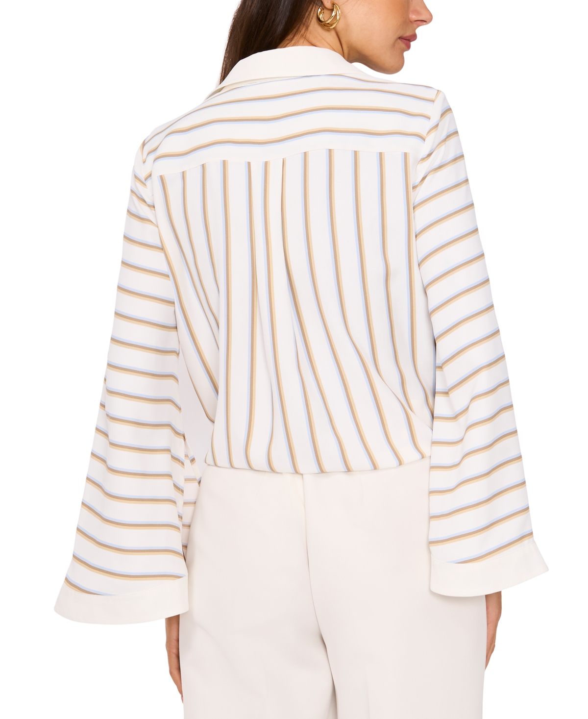 VINCE CAMUTO WOMEN'S STRIPED TIE-HEM WIDE-SLEEVE BUTTON-FRONT TOP 