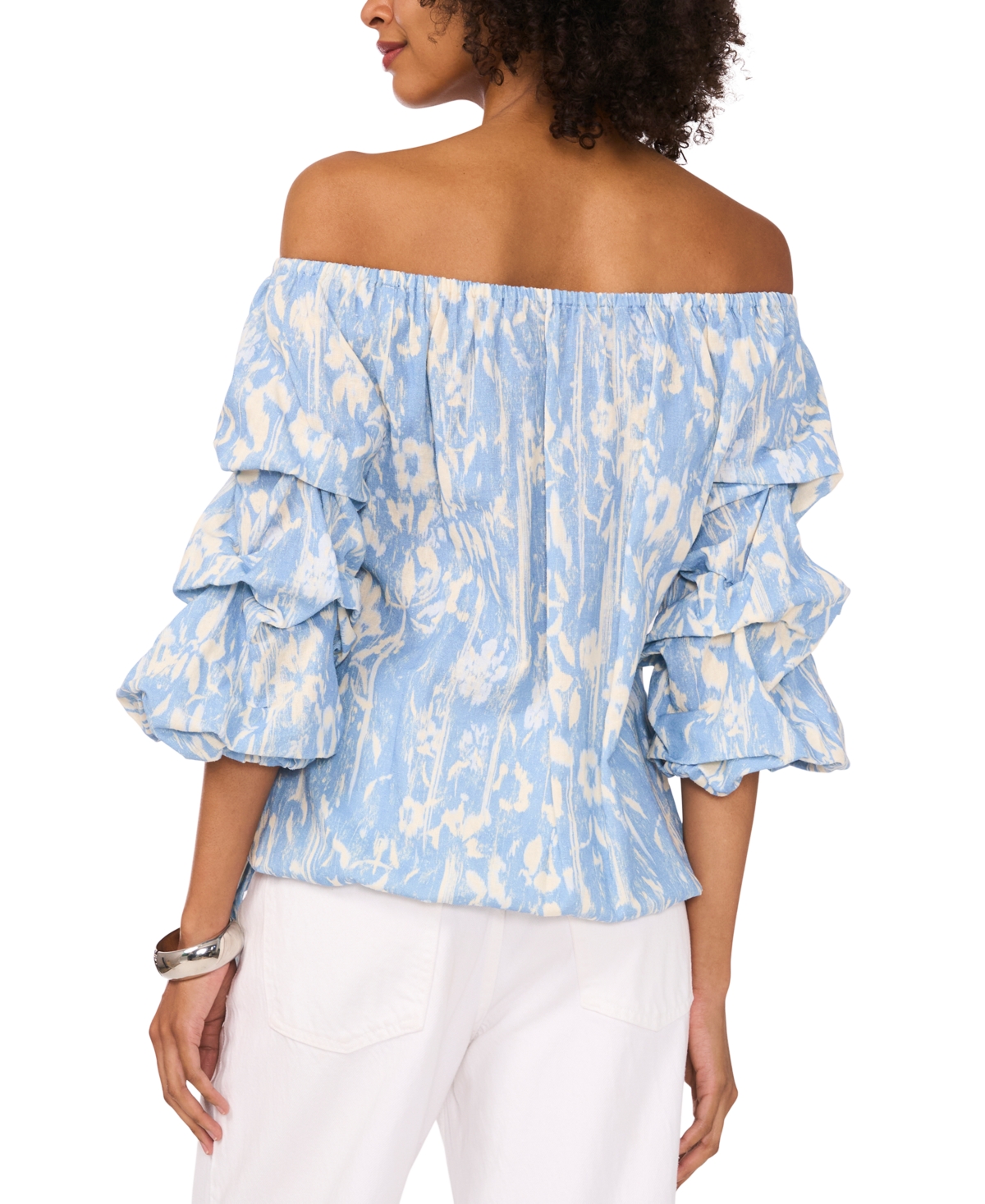 Vince Camuto Women's Printed Linen-blend Off-the-shoulder Bubble 3/4-sleeve Tie-front Blouse In Blue