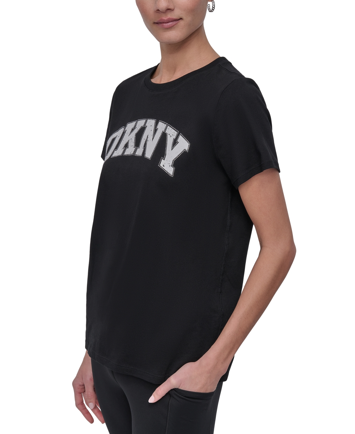 Dkny Women's Active Rhinestone-logo Distressed Crewneck Cotton T-shirt In Black,eggnog