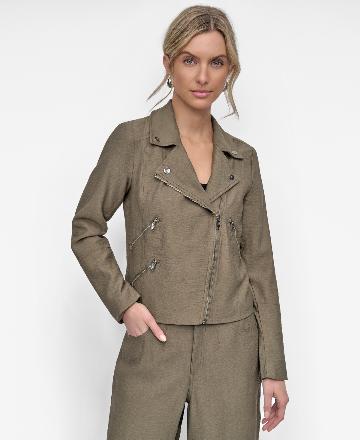 Women's Zipper Detailed Crinkle Jacket - Utility Green