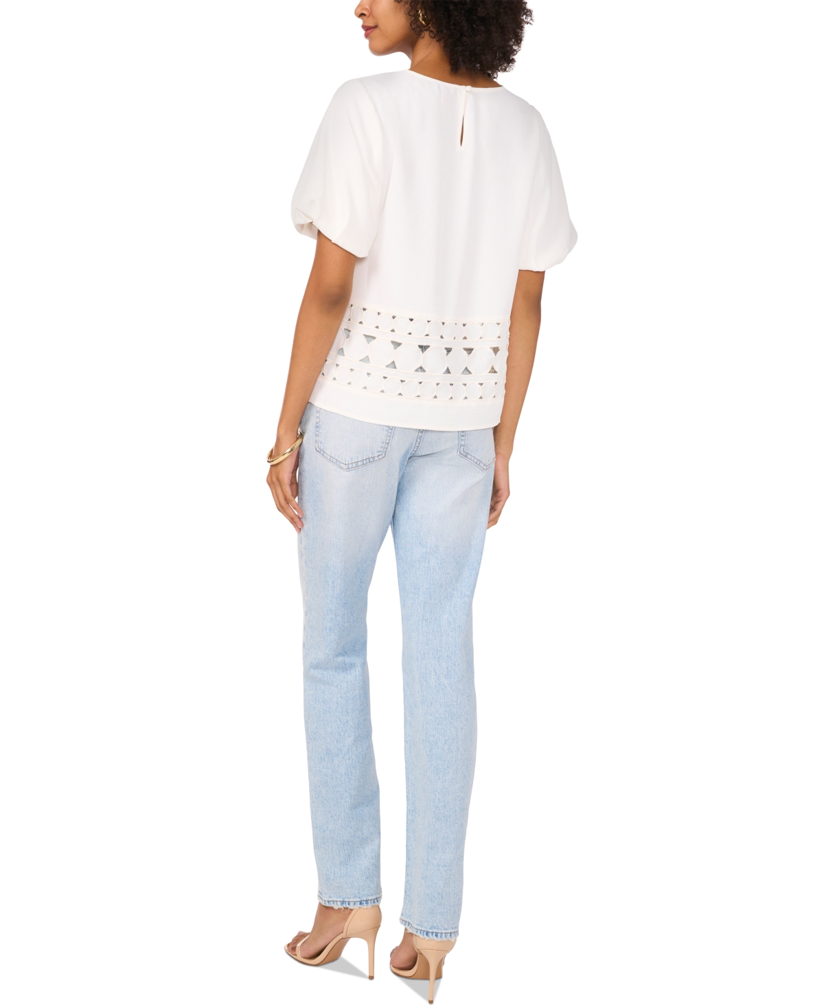 VINCE CAMUTO WOMEN'S CREWNECK PUFF-SLEEVE EMBROIDERED TOP 