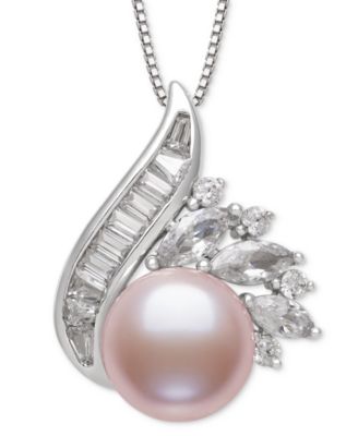 Blush Cultured Freshwater Pearl (9-10mm) & Lab Created White Sapphire (1-1/2 ct. t.w.) Pendant 18" Necklace in Sterling Silver 