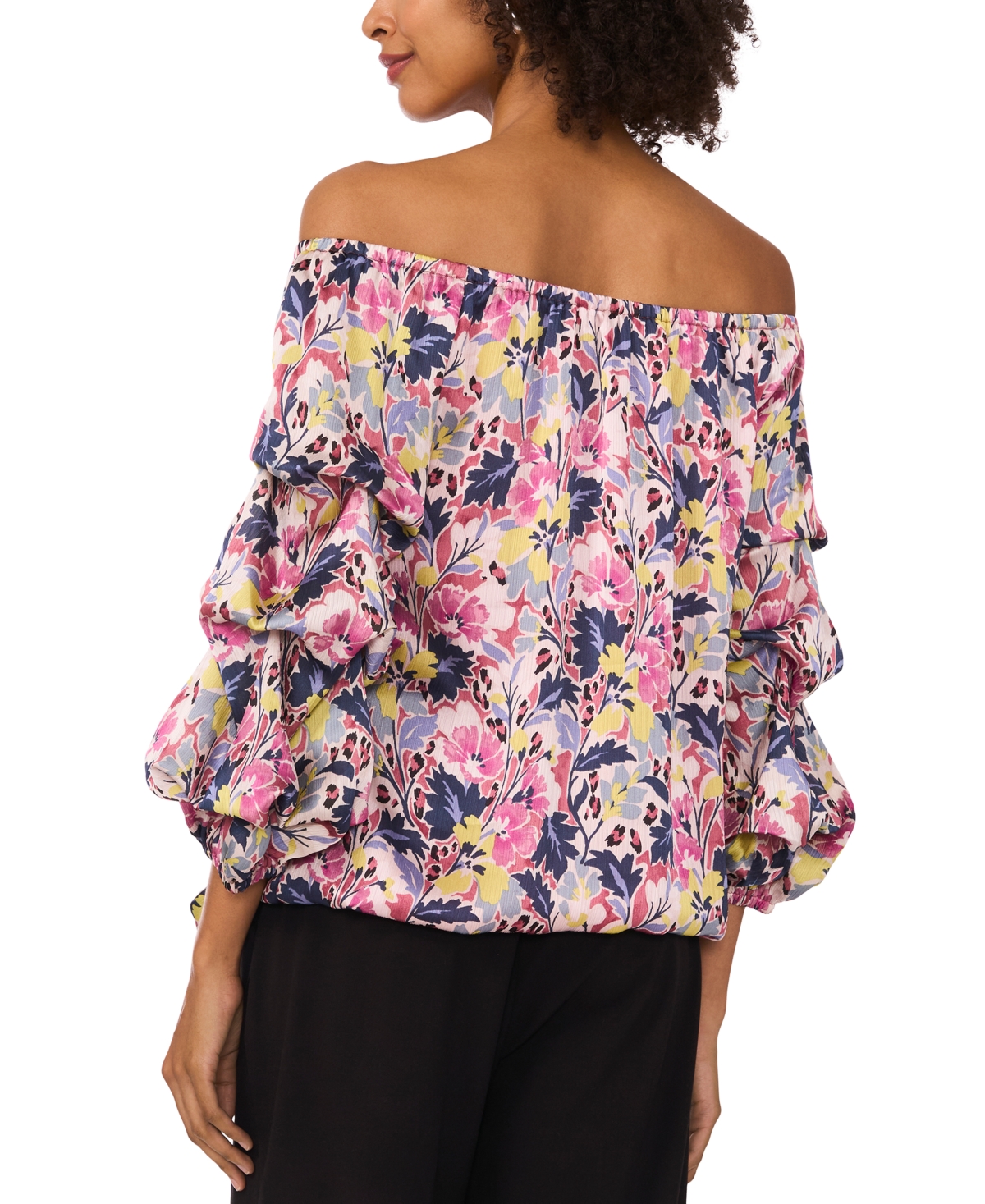 VINCE CAMUTO WOMEN'S PRINTED OFF-THE-SHOULDER BUBBLE 3/4-SLEEVE TIE-FRONT BLOUSE 
