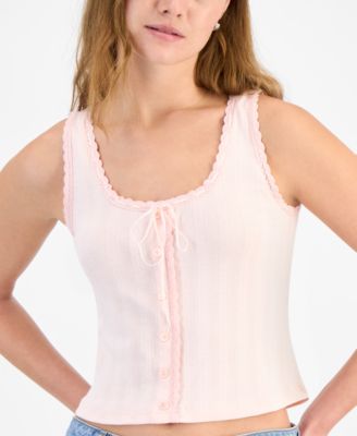 Women's Pointelle Cropped Lace-Trim Top, Exclusively at Macy's