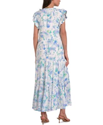 Женское макси-платье Elan с принтом и оборками на рукавах и завязками-кисточками