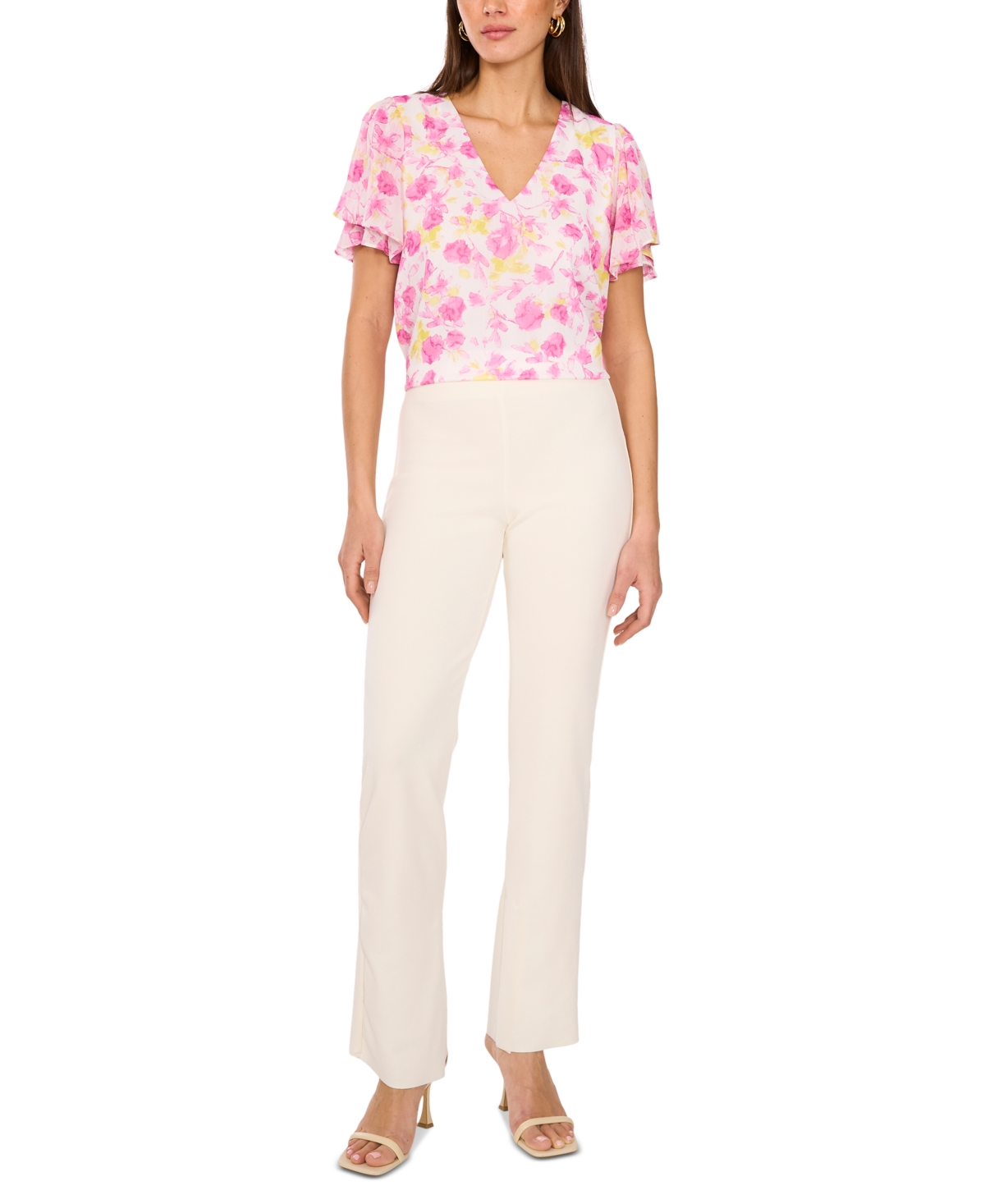 Shop Vince Camuto Women's Floral-print V-neck Tulip-sleeve Top In Violet Blush