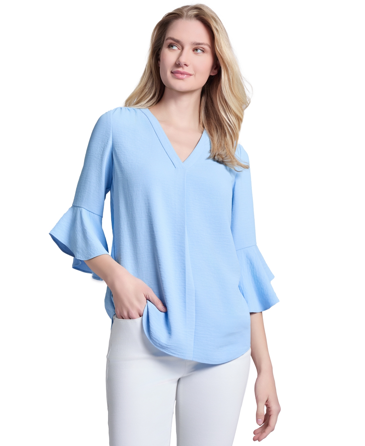 Women's V-Neck Bell-Sleeve Blouse - Chintz Blue