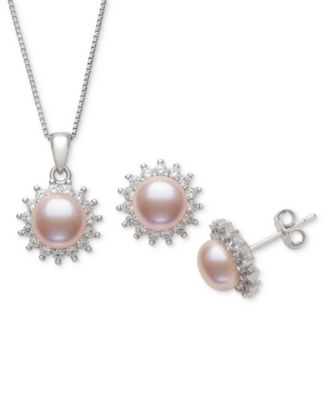 Dyed Black Peacock Cultured Freshwater Pearl (6-7mm) & Lab-Created Sapphire (1-3/4 ct. t.w.) Pendant Necklace & Stud Earrings Set in Sterling Silver (also in Blush Pink)