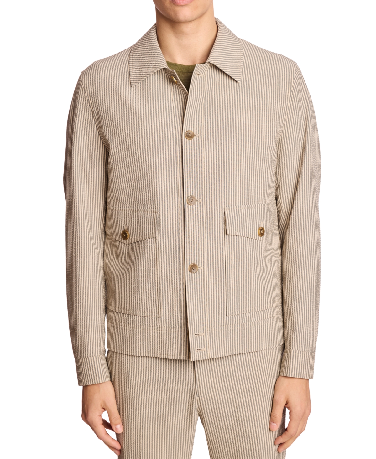 Men's Slim Fit Long Sleeve Seersucker Button-Front Jacket - Grey Tan Cream Seersucker