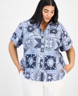 Tommy Hilfiger Plus Size Cotton Patchwork-Print Camp Shirt - Macy's