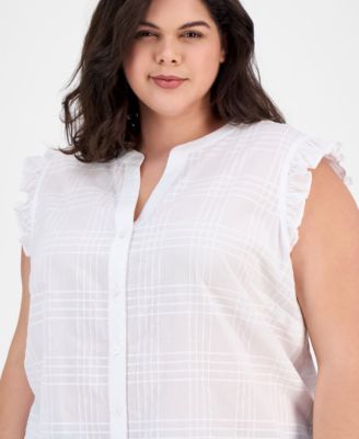 Plus Size Cotton Ruffled Sleeveless Shirt